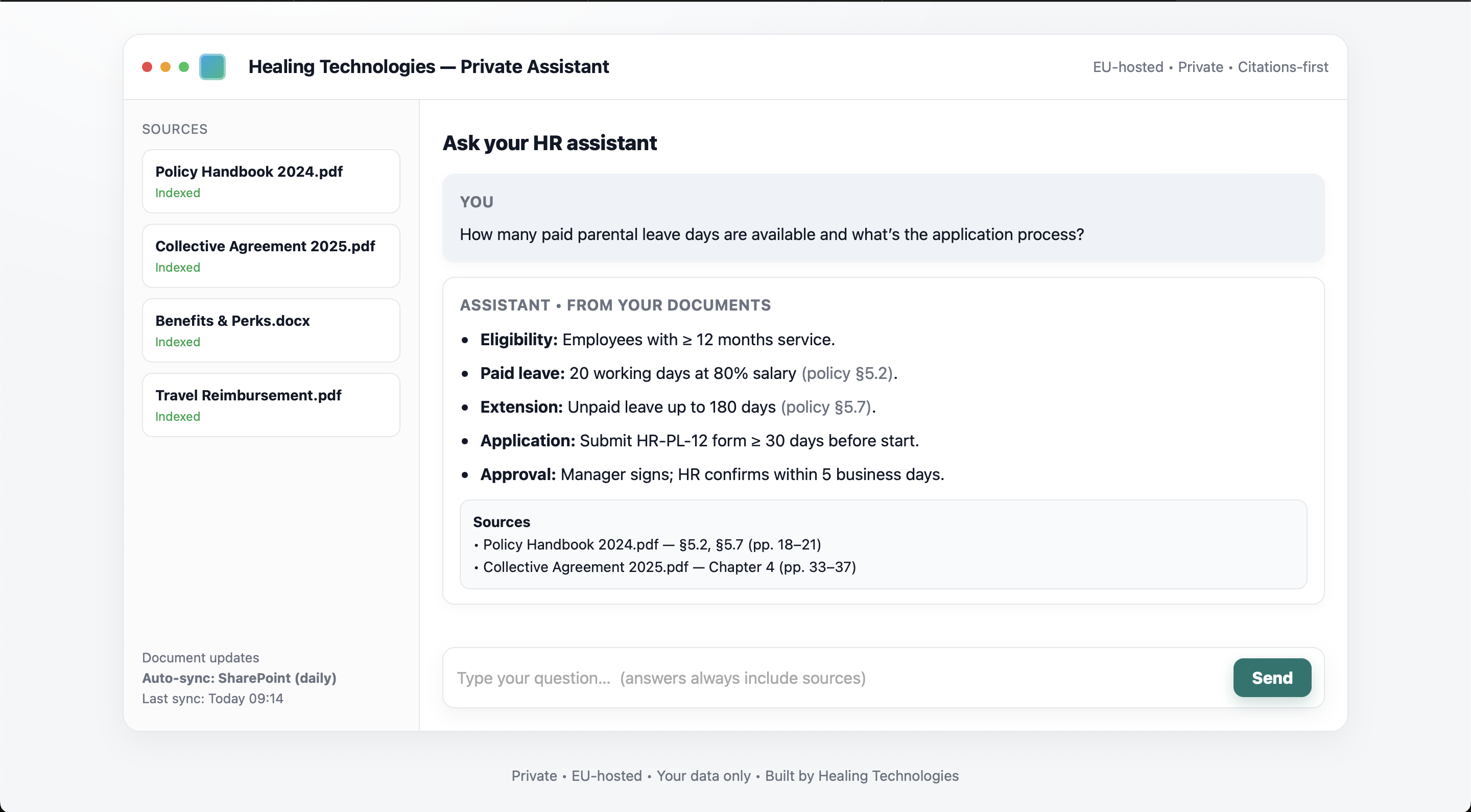 Screenshot of the Healing Technologies private assistant interface.